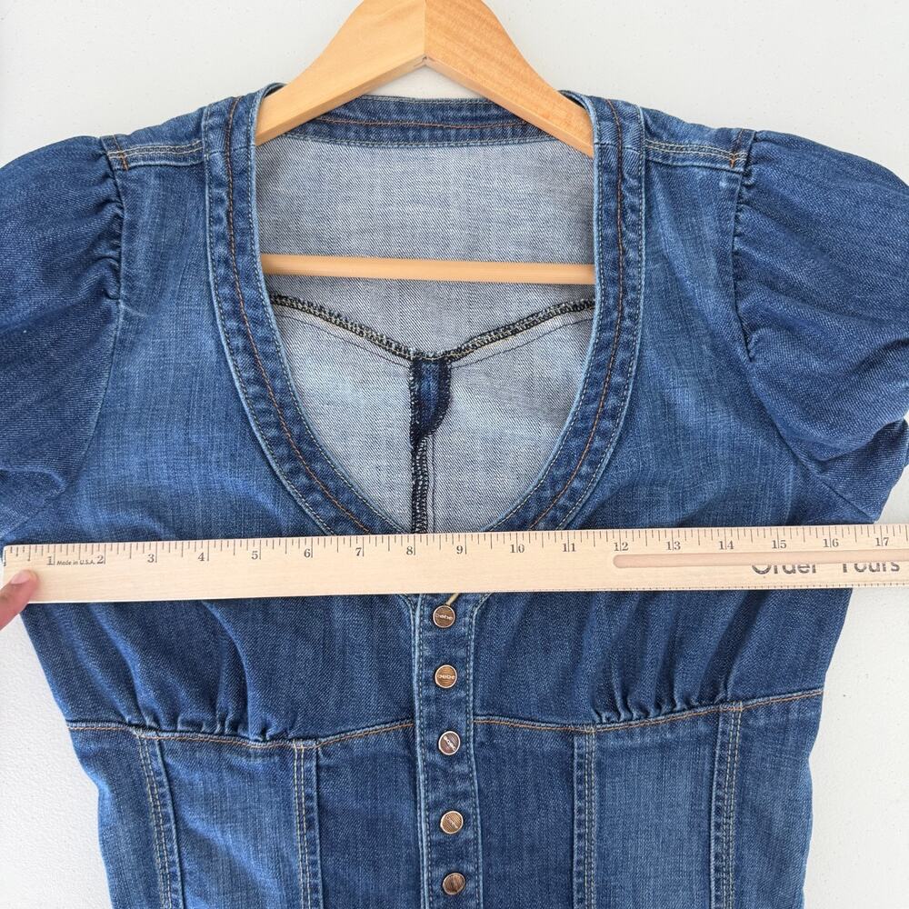 Bebe Y2K Denim Top Small Puff Sleeve Babydoll Cotton Corset Style Cottage Wester - Picture 8 of 9